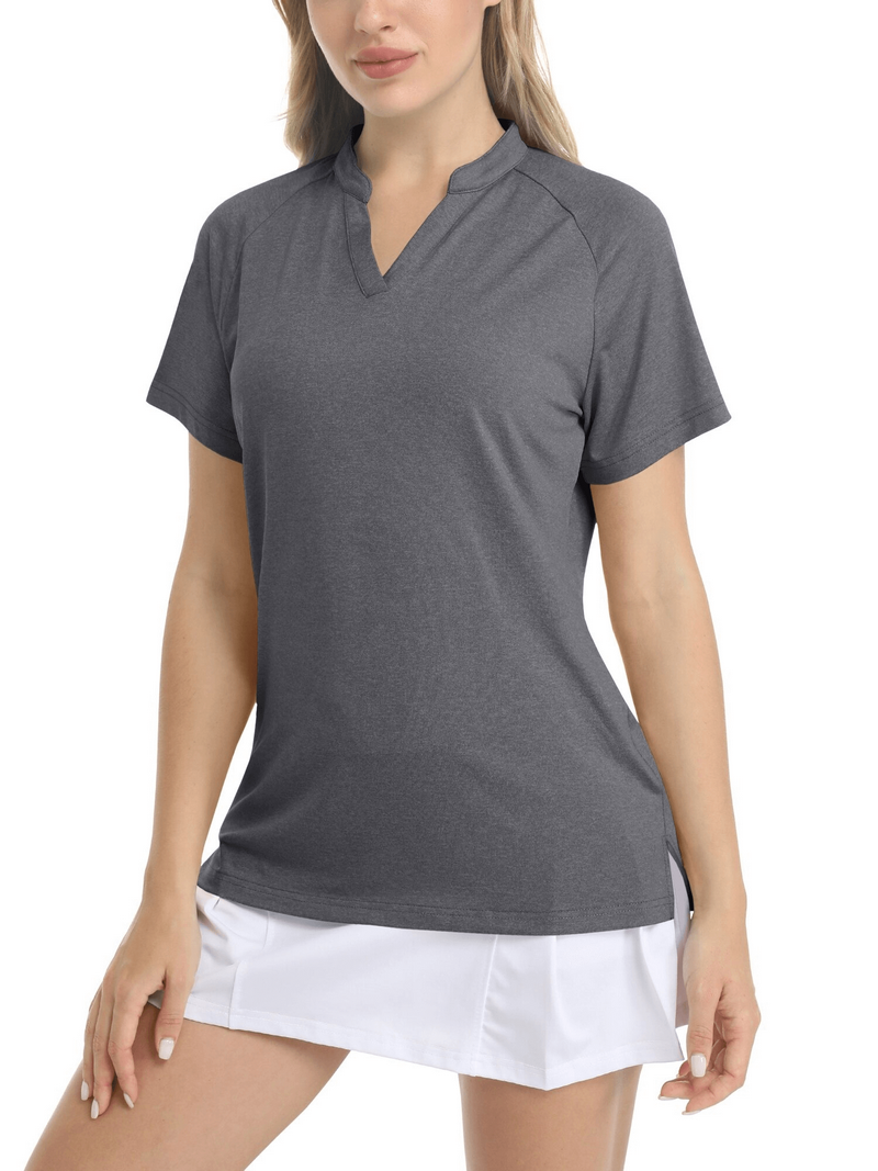 Fashionable gray women's sports v-neck t-shirt with short sleeves and breathable fabric, perfect for casual or sporty looks.